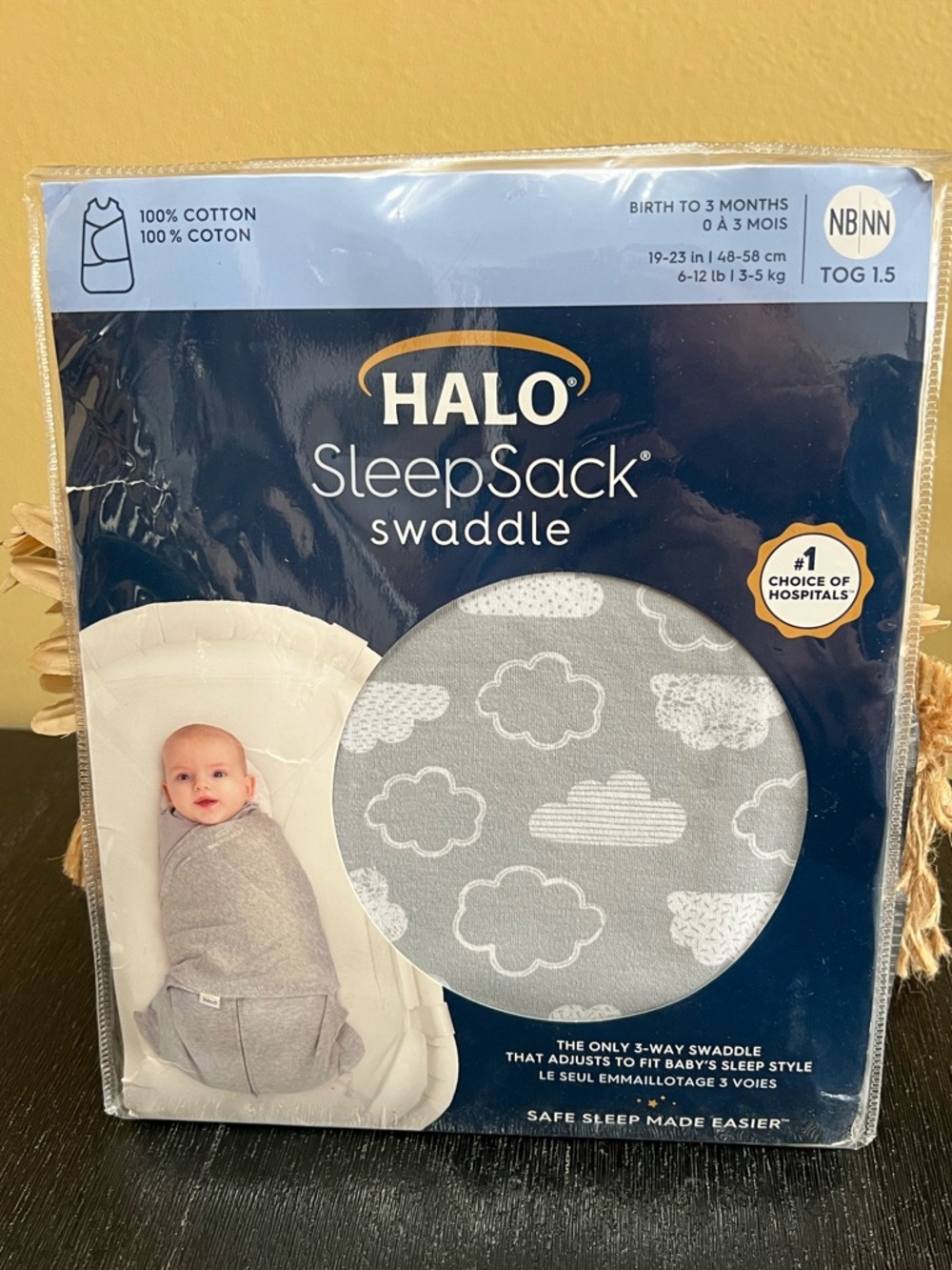 Halo SleepSack Swaddle 100% Cotton TOG 1.5 Newborn 0-3 Months. Clouds Gray/White